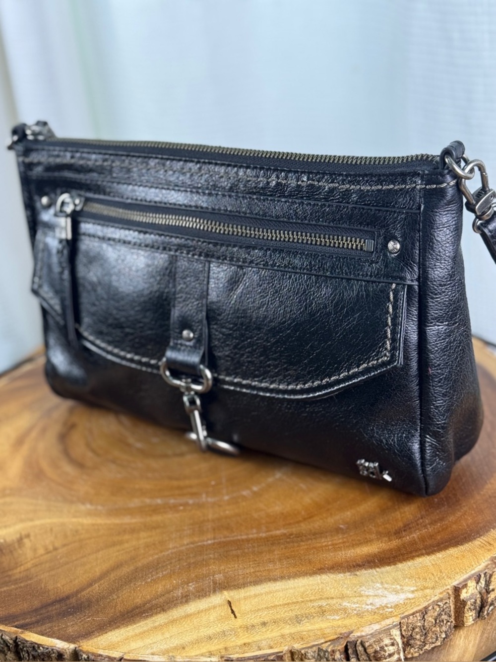 The Sak Ventura Onyx Black Leather Crossbody/Clutch Convertible -Silver Hardware
